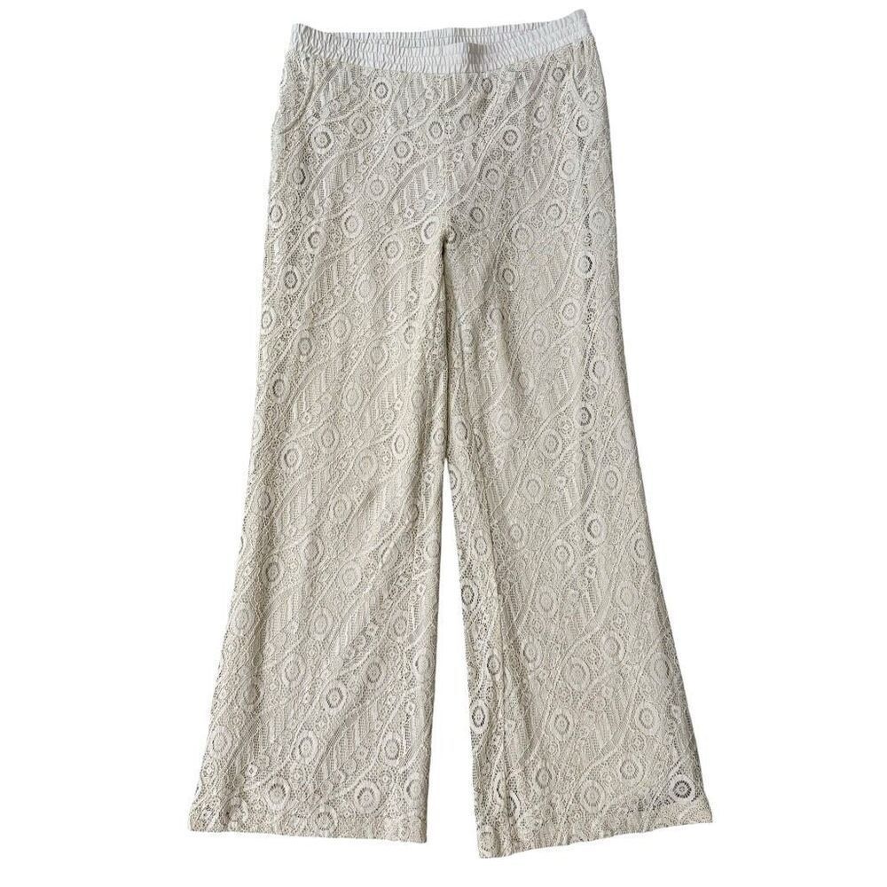 Chico's Beige Pull On Lace Overlay Pants, Size 1.5 or 10 Lined Wide Leg
